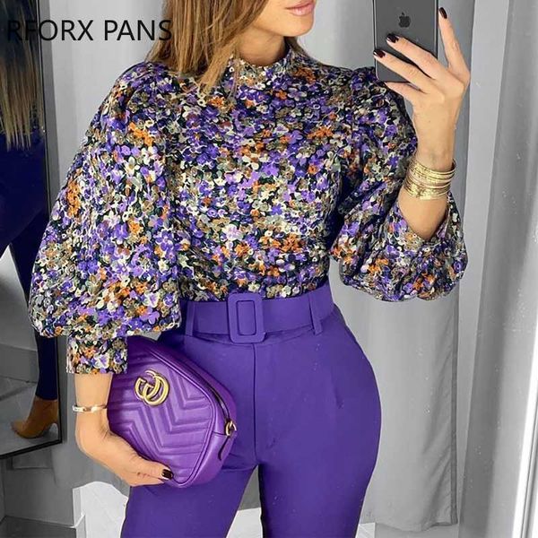 

women's blouses shirts floral print lantern sleeve womens and blouses j230621, White