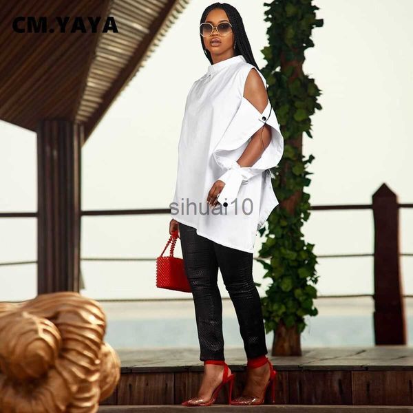 

women's blouses shirts cm.yaya women shirts solid full sleeve side hole o-neck loose shirts office lady streetwear summer fall 2022 loo, White