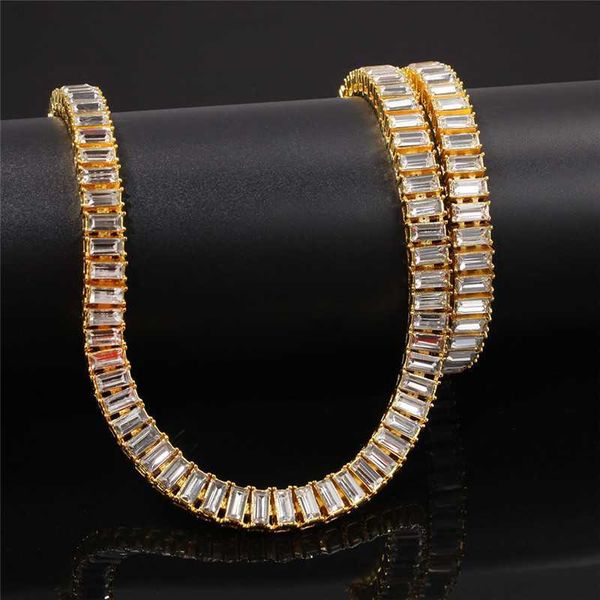 

iced out jewelry chain 14k 18k gold plated 8mm baguette cut vvs d moissanite diamond hiphop tennis necklace, Silver