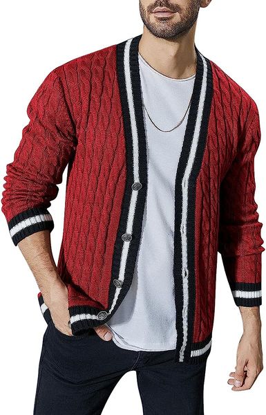 

men's classic cardigan sweater with lapel neck and convenient pockets, White;black
