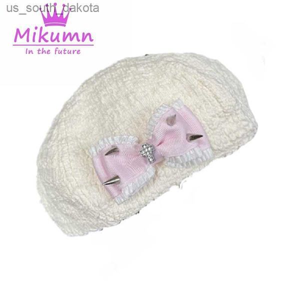 

mikumn harajuku y2k women beret hats fashion lovely pink bow cross rivet white beanie hat chic streetwear l230523, Blue;gray