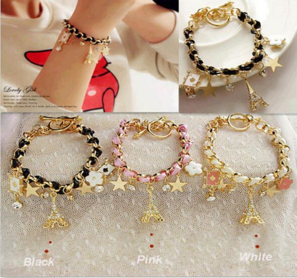 

women jewelry lovely eiffel tower leather gold chain crystal bracelet bangle brand new good quality1579550, Golden;silver