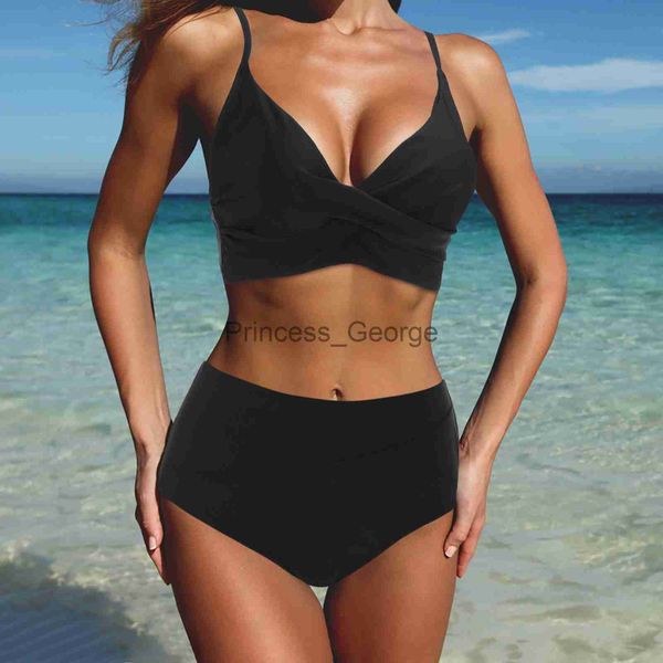 

women's plus size swimwear bikinis solid color push up bikini 2022 padded bra straps high waist swimsuit female swimwear summer women b, Black