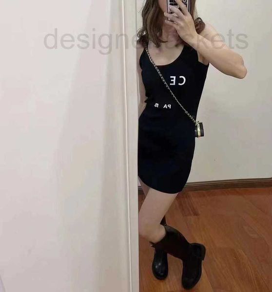 

runway dresses designer women's slim knits dress shirt dresses with letters print girls brand crew neck tank stretch vest tee t-shirt p, Black