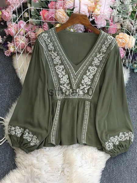 

women's blouses shirts jastie long sleeve pullovers female fashion chic v-neck loose floral embroidered shirts for women boho casual be, White