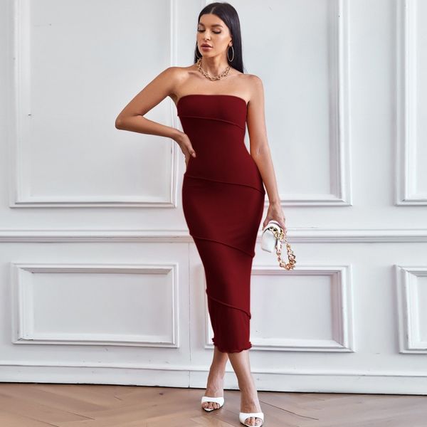 

2023 new ins breast wrap hip skirt solid color dress beach long dress dress, Black;gray