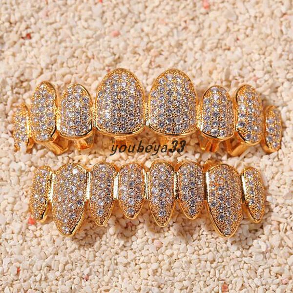 

14k gold cz vampire teeth grillz iced out micro pave cubic zircon 8 tooth hip hop grill bottom grillz teeth set with silicon molding bar, Black