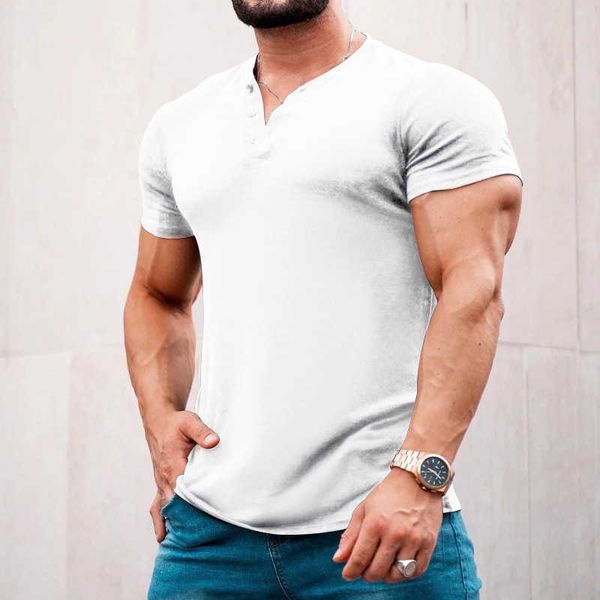 

2023 new summer casual solid short sleeve round neck pullover button henley shirt t-shirt men, White;black