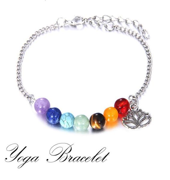 

7 chakra real stone healing crystal gemstone beaded natural stone adjustable bracelet for women whole fashion jewelry1892732, Golden;silver