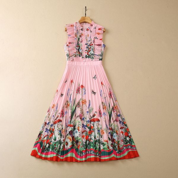 

european and american women's clothes 2023 summer new stand collar sleeveless floral print fashion pleated dress xxl, Black;gray