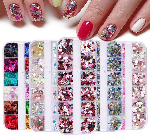 

12 gridsbox laser decals heart star spangles ultrathin nail sequins flakes rhinestones jewelry accessories paillettes for diy de4229185, Black