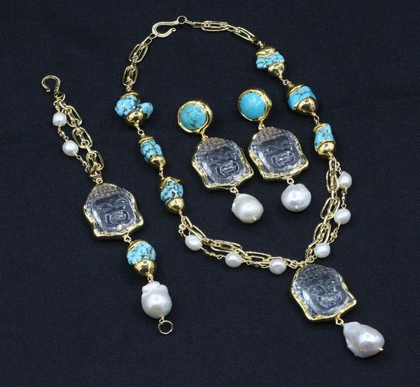 

natural white pearl gold electroplated turquoise clear quartz buddha head pendant necklace bracelet earrings sets4665863, Silver