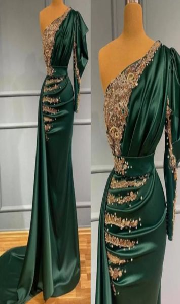 

charming satin dark green mermaid prom evening dress with gold lace appliques pearls beads one shoulder pleats long formal occasio6214931, Black