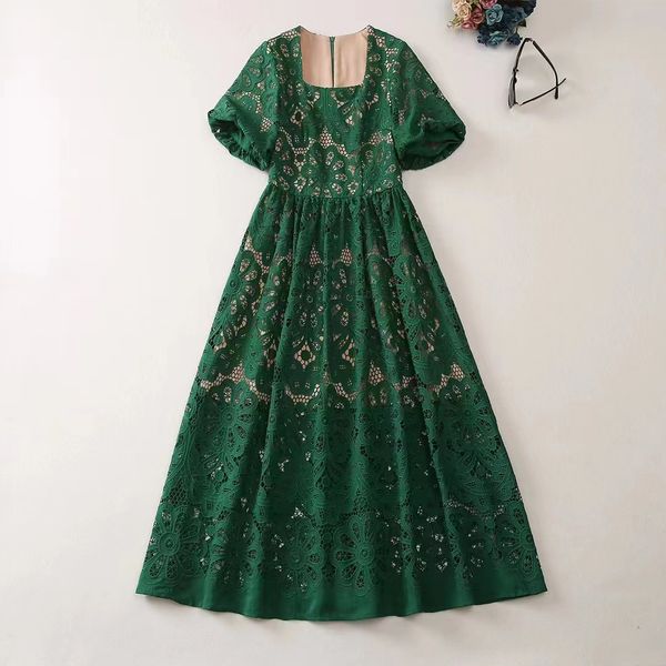 

european and american women's clothes 2023 spring new short sleeve lantern sleeve square collar green lace fashion pleated dress, Black;gray