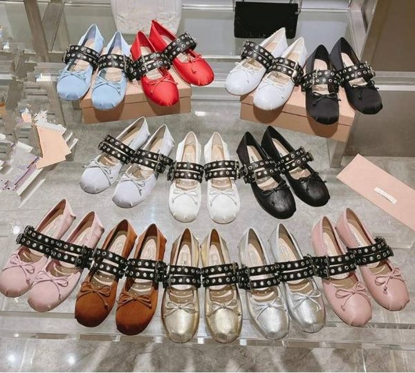 

miu women ballet flat shoes satin leather ballet shoes with two belt buckles comfortable casual bow dancing girls and women's mary jane, Black