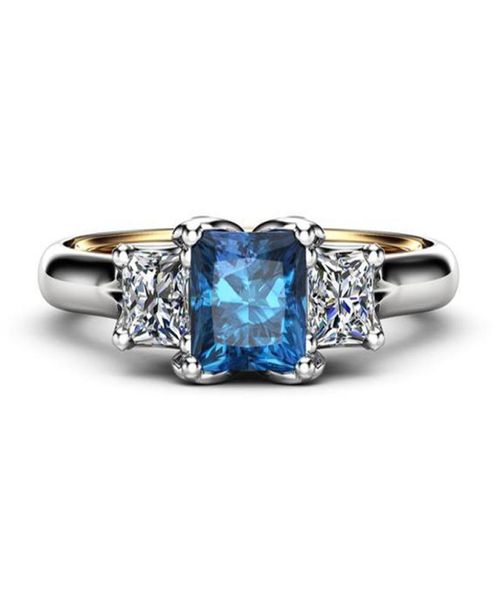 

fashion electroplated double color blue diamond zircon ring large grain artificial sapphire with micro inlaid women039s 4053749, Golden;silver