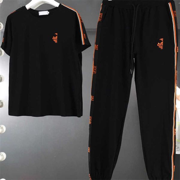 

summer women two piece pants letter shoulder straps animal patterns short-sleeved white t-shirt elastic band striped decoration long pant cl