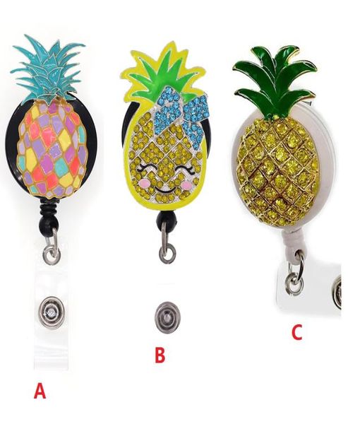 

cartoon key rings fruit pineapple rhinestone retractable id holder for nurse name accessories badge reel with alligator clip7189070, Slivery;golden