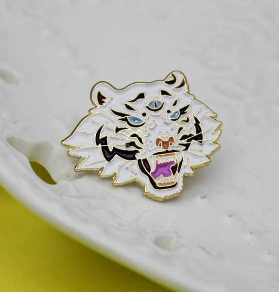 

cartoon tigerish animal brooches three eyes white tiger cool sharp teeth enamel pins fashion jewelry gift for men boys lapel denim5903495, Gray