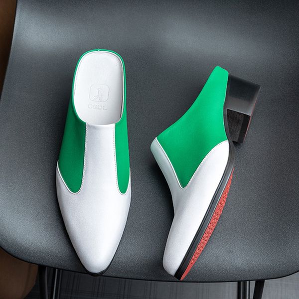 

men's green mule shoes slip on low square heel pointed toe summer flip flops p30d50, Black