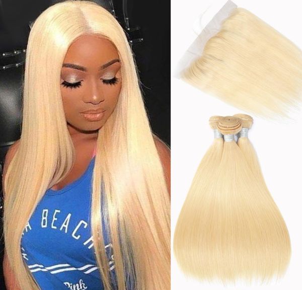 

613 blonde straight 10a brazilian virgin remy human hair weft 3 bundles with 1pc 4x4 lace closure 2224431, Black
