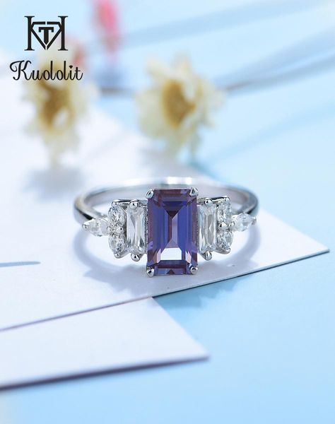 

kuololit 12ct alexandrite gemstone ring for women solid 925 sterling silver ring emerald cut lab grown stone for engagement 10 t6441382, Slivery;golden