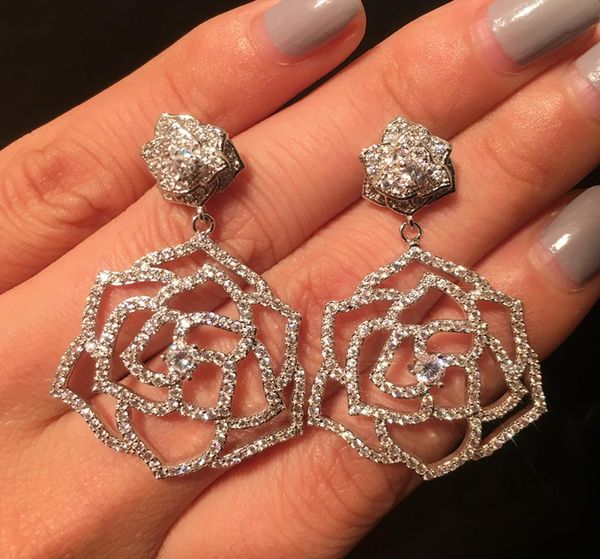 

fashion luxury designer super sparkling diamonds zirconia camellia flower pendant stud earrings for women girls silver post1922012, Golden;silver