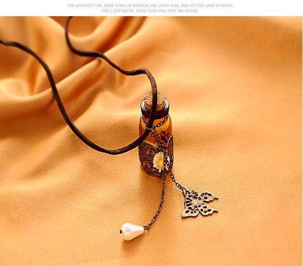 

vintage carved little daisy glass wishing bottle necklace leather rope pearl butterfly pendant sweater chain female fashion simple6893139, Silver