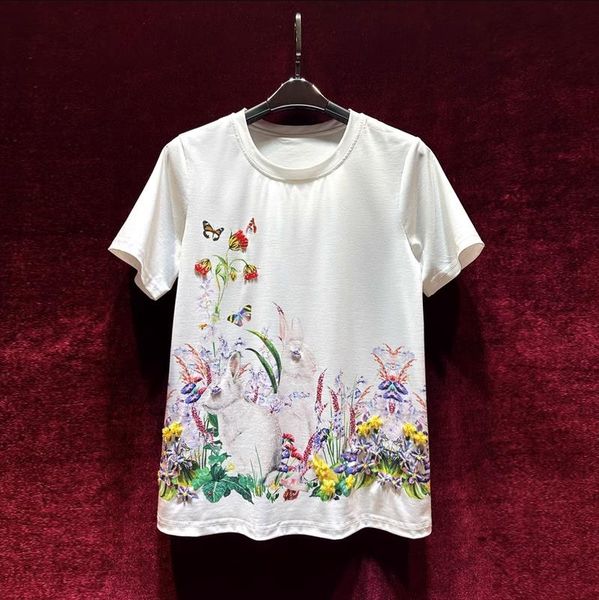 

european and american women's clothes 2023 summer new round neck short sleeve butterfly print nailed bead fashion cotton t-shirt, White