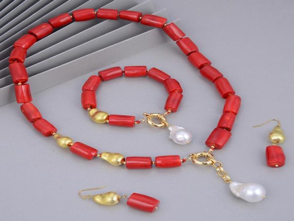 

guaiguai jewelry natural white baroque pearl red corals gold color plated brushed beads necklace bracelet earrings sets for women6375331, Silver