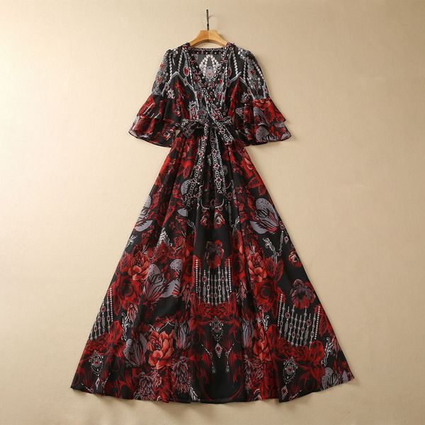 

european and american women's clothes 2023 summer new beaded v-neck seven-point sleeve flared sleeve printed pleated dress, Black;gray