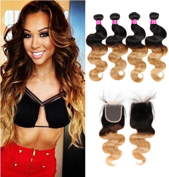 

peruvian virgin body wave hair bundles ombre hair 3 4 bundles with closure blonde lace closure with bundles 1b27 human hair exten1091619, Black