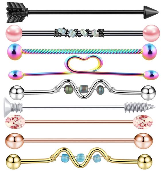 

9pc 14g industrial barbell piercing ear cartilage helix stud straight long bar earring body jewelry women5576884, Silver