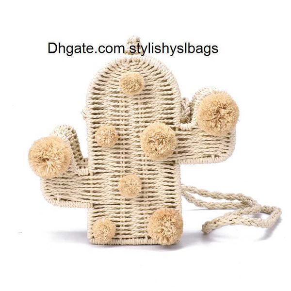 

evening bags new beach bag cactus rattan bag straw bag summer bags with pom women messenger handbag braided