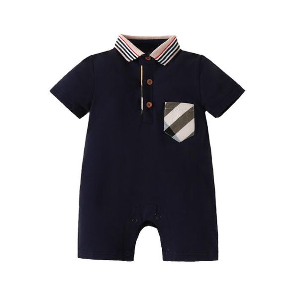 

Baby Boys Girls Brand Rompers Summer Newborn Short Sleeve Jumpsuits with Pocket Decoration Turn-down Collar Infant Plaid Onesies, White