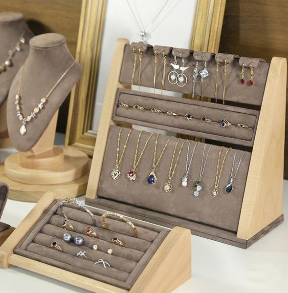 

beech wood jewelry display stand jewellery displays boutique counter exhibitor ring earring necklace bracelet dress table jewelry 2416504, Black