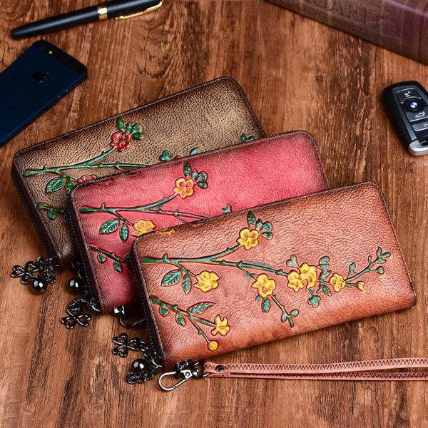 

new version versatile vegetable tanning leather long lady purse embossed hand bag