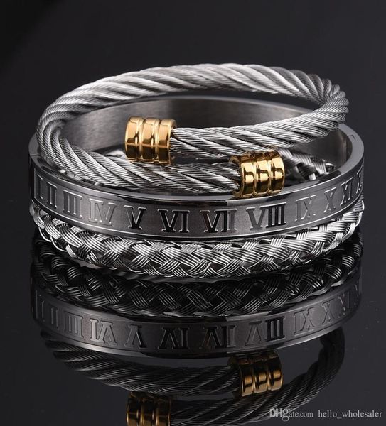 

3pcsset roman numeral men bracelet handmade stainless steel hemp rope buckle open bangles pulseira bileklik 2020 luxury jewelry6795949, Black