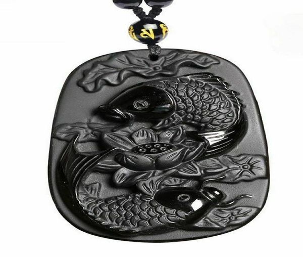 

natural obsidian pisces lotus fish koi necklace amulet pendant with bead chain6693980, Silver