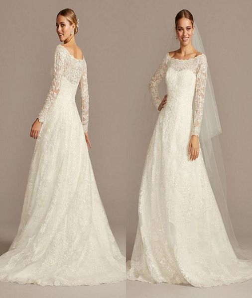 

oleg cassini offtheshoulder lace aline wedding dress 2021 full lace applique long sleeve plus size sweep train wedding gown8868830, White