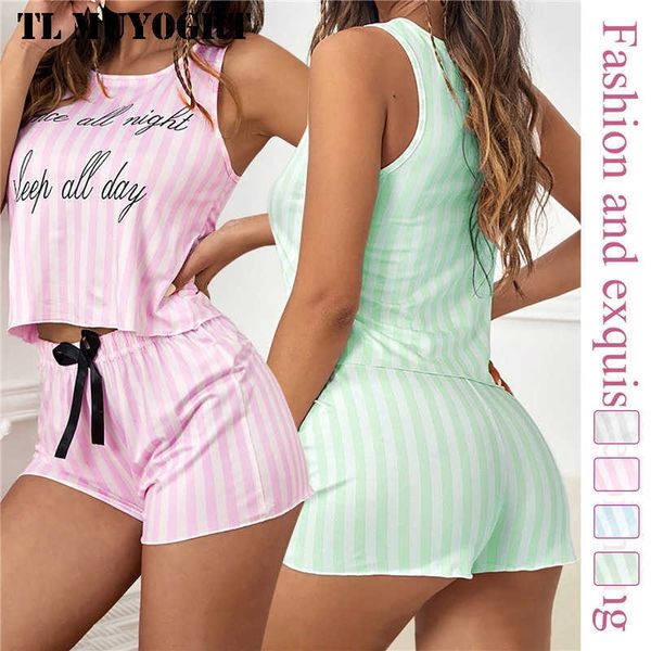 

women's sleep lounge summer women pajamas two piece suspenders sleeveless leisure printed vest stripe shorts home service pajamas