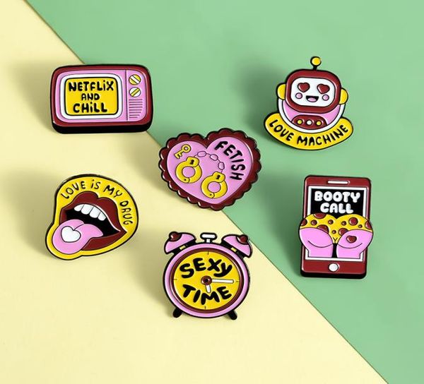 

cute cartoon enamel pin pink handcuffs tv alarm clock tv mouth phone brooches fashion gift jewelry for women friends8540195, Gray
