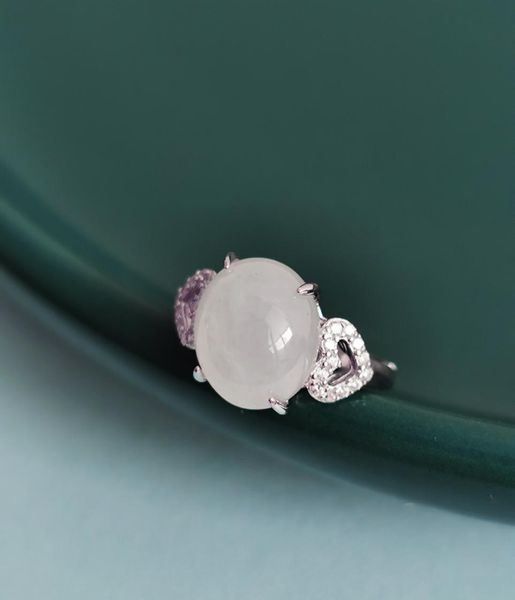 

myanmar natural jade double heart ring 925 sterling silver zircon ring ice white size adjustable light luxury exquisite birthday g2643721, Golden;silver