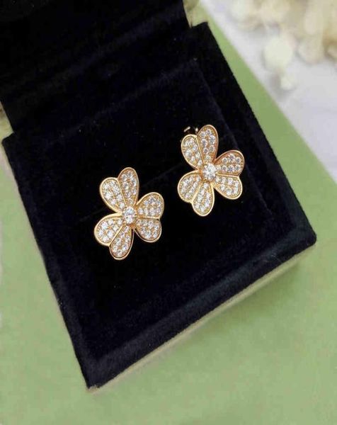 

famous brand pure 925 sterling silver luxury jewelry earrings for women gold color flowers sweet romantic luck clover wedding7376954, Golden;silver