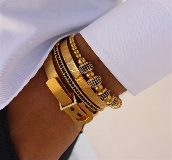 

4pcsset titanium steel roman numeral bracelet horseshoe buckle bangles luxury handmade jewelry6676284, Golden;silver