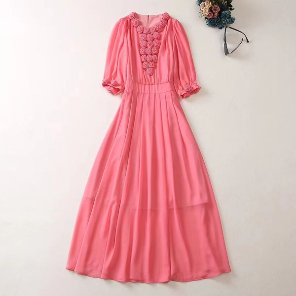 

european and american women's clothes 2023 spring new seven-point sleeve round neck flower disc fashion pleated dress xxl, Black;gray