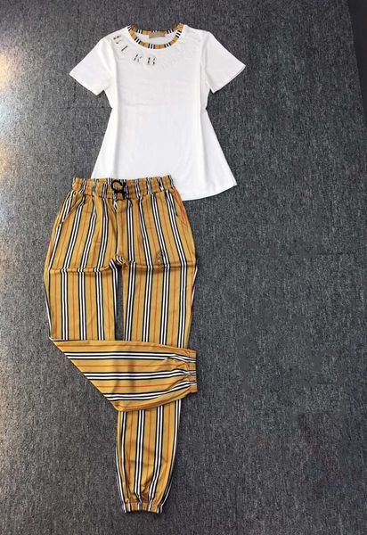 

summer clothes two piece women pants tshirt splicing round neck alphabet pattern short-sleeved t-shirt striped casual pants designer casual, White