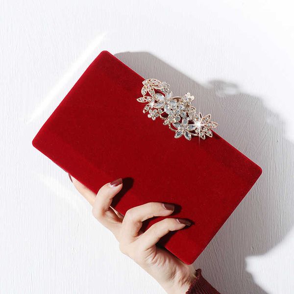 

fashion dinner bag with diamond planting rattan flowers alloy banquet bag flocking handbag bridal versatile dress bag