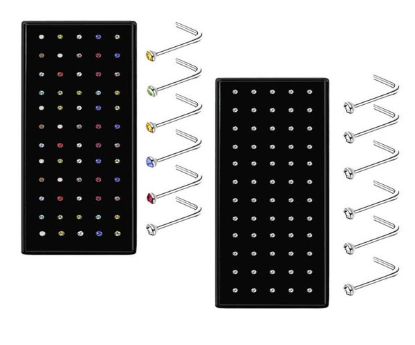 

60pcsset nose piercing 18mm stainless steel nose studs crystals lshape ear piercing tragus cartilage pin body jewelry8913074, Silver