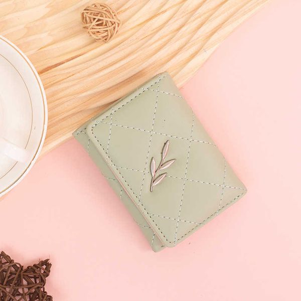 

short style three fold wallet for women's simple small fragrant wind lingge embroidery thread zero wallet pu multi card slot card bag